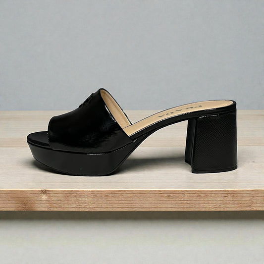 PRADA Patent Saffiano Block Heel Mules in Black | 38