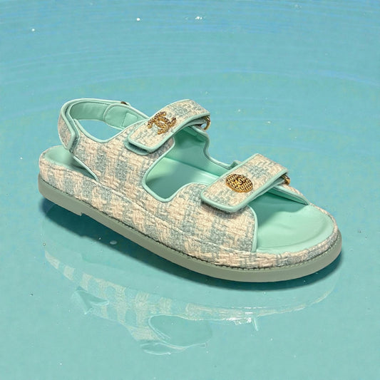 CHANEL Tweed Dad Sandals in Aqua & White |