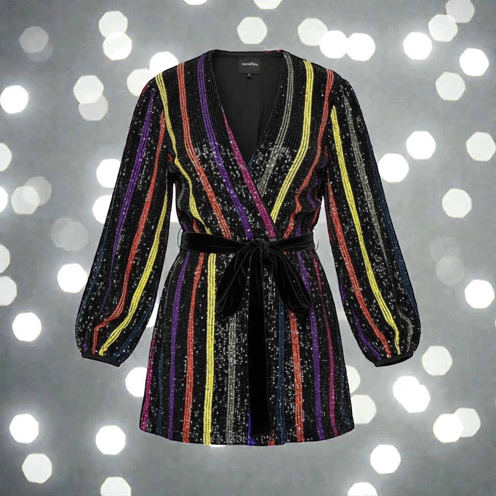 RETROFETE Sequin Stripe Robe Mini Dress | S