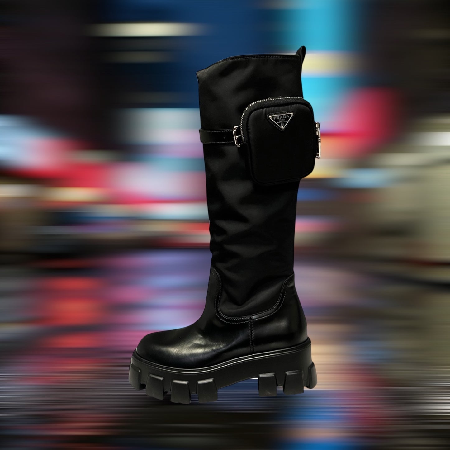 PRADA Monolith Leather & Re-Nylon Knee Boots in Black | 38