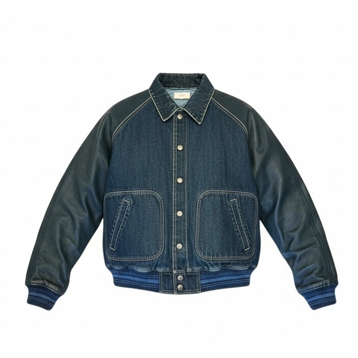 CELINE Denim + Leather Teddy Jacket in Dark Blue |