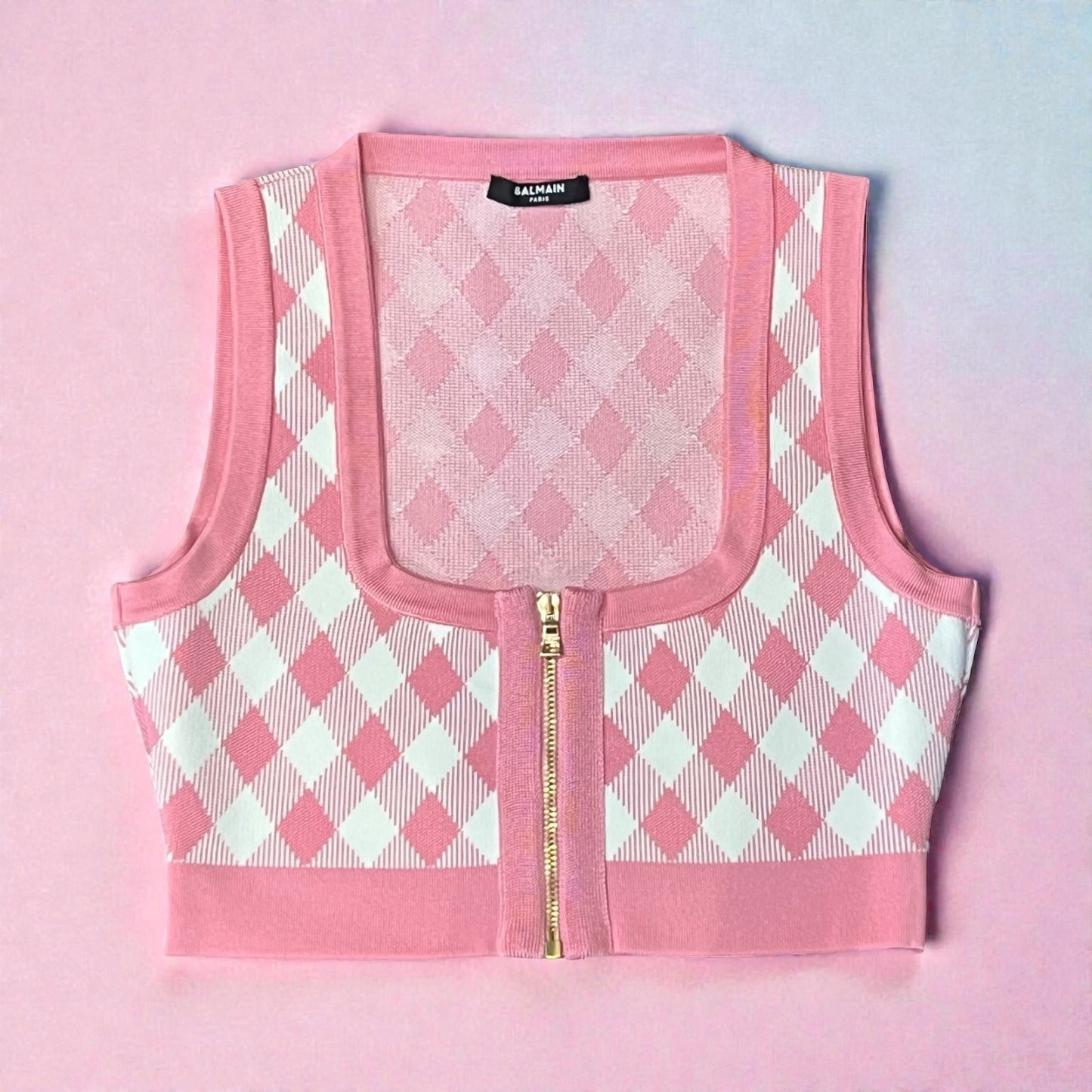 BALMAIN Sleeveless Check Knit Top in Pink & White | S