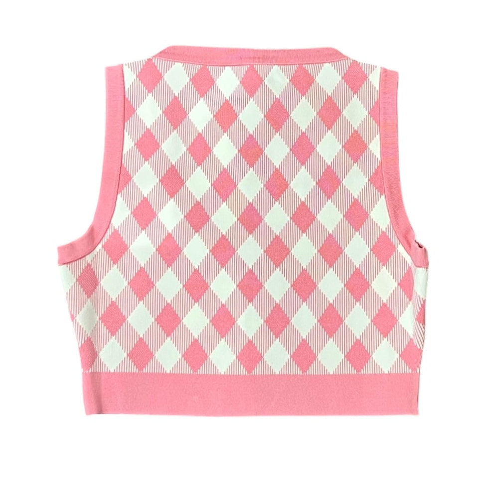 BALMAIN Sleeveless Check Knit Top in Pink & White | S