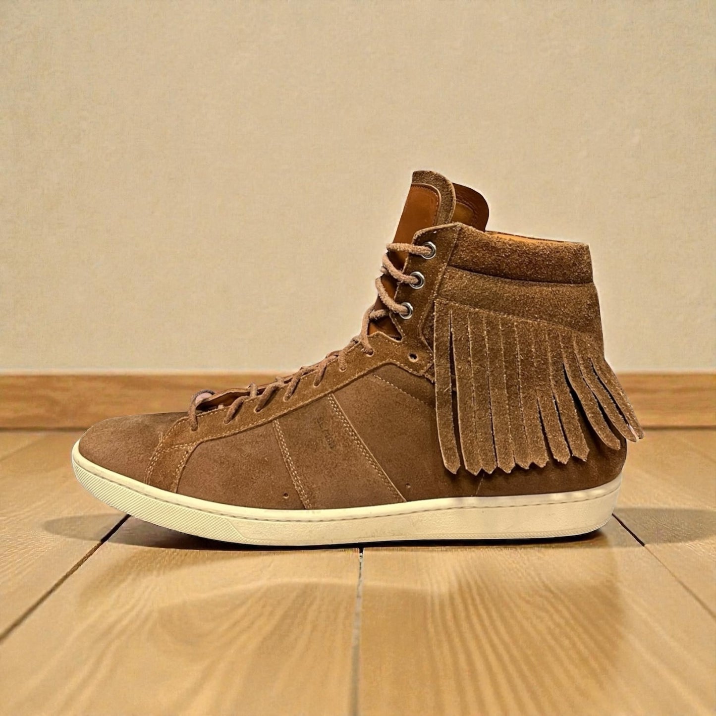 SAINT LAURENT Suede Fringe Hi Top Sneakers in Scotch |