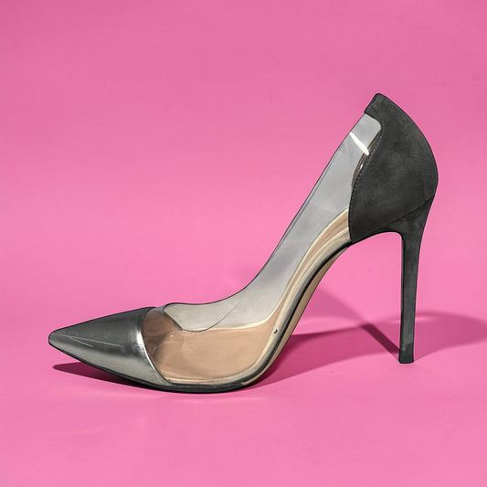 GIANVITO ROSSI Suede Plexy Pump in Grey & Silver | 38.5