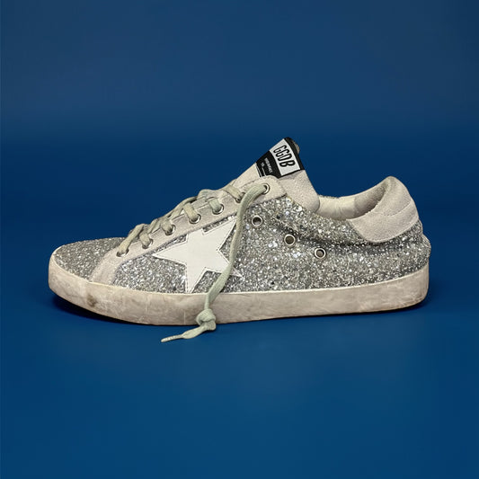 GOLDEN GOOSE Glitter Super Star Sneakers in Silver