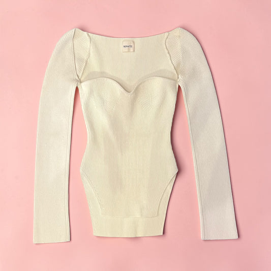 KHAITE Ribbed Knit Sweetheart Top in Ivory | M