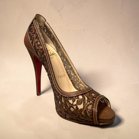 CHRISTIAN LOUBOUTIN Lasercut Peeptoe Pumps in Brown | 36