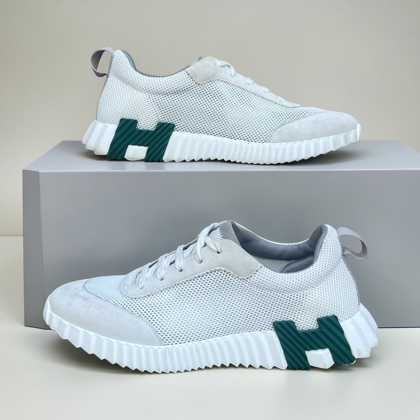 HERMES Bouncing Sneakers  in White & Green| 43