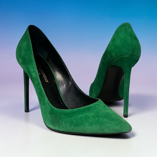 SAINT LAURENT Paris Suede Pumps in Green | 37.5
