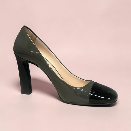 PRADA Patent Cap Toe Pumps in Gray & Black | 40