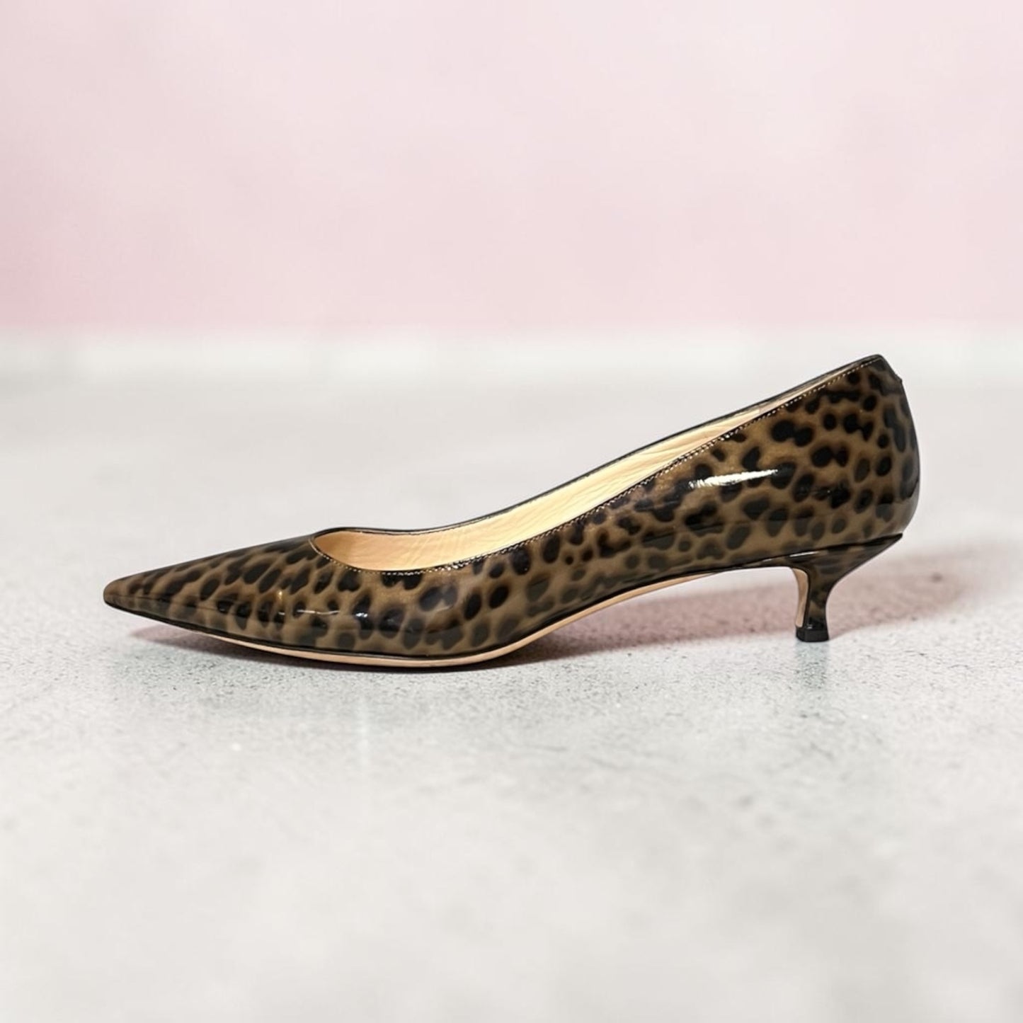 JIMMY CHOO Patent Animal Print Kitten Heel Pumps | 37