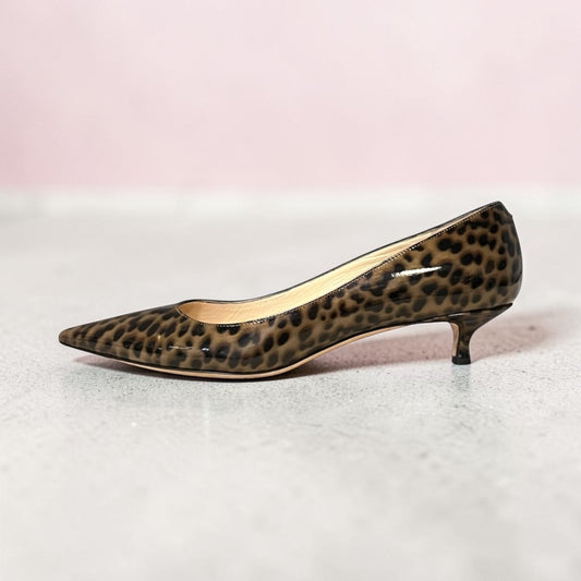 JIMMY CHOO Patent Animal Print Kitten Heel Pumps | 37