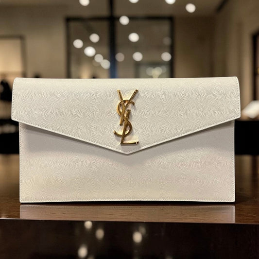 SAINT LAURENT Uptown Clutch in Vintage Blanc Grain De Poudre Leather