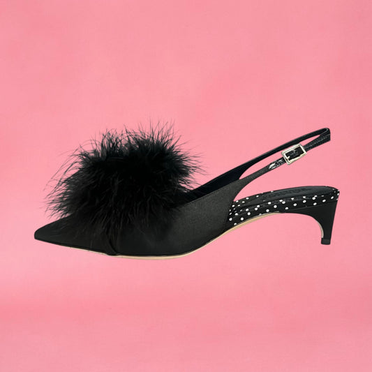 MALONE SOULIERS Andrea Feather Slingback Kitten Heels in Black | 36.5