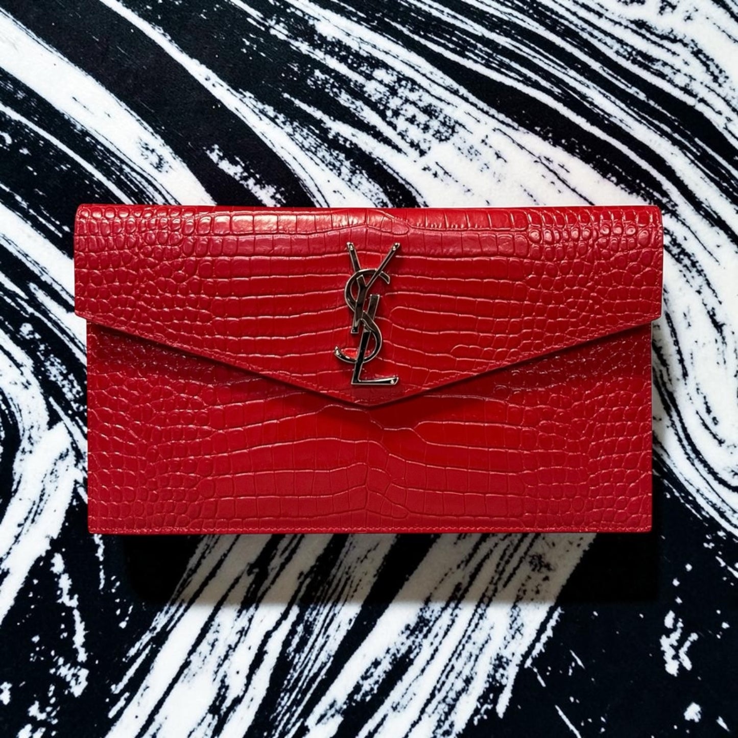 SAINT LAURENT Uptown Crocodile Embossed Pouch in Red