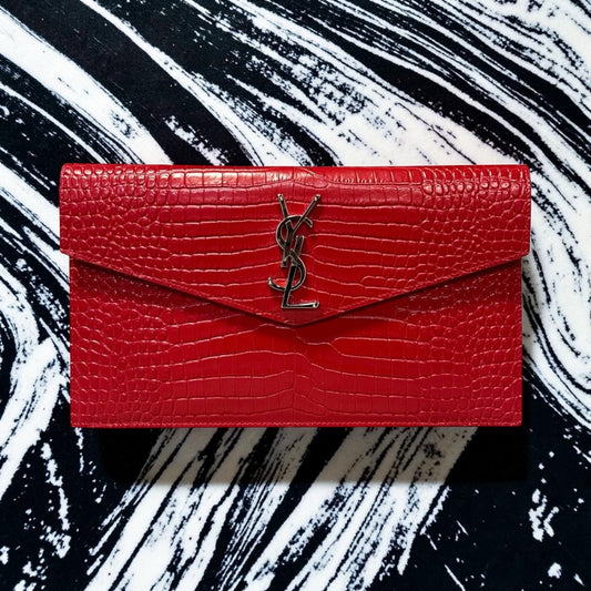 SAINT LAURENT Uptown Crocodile Embossed Pouch in Red