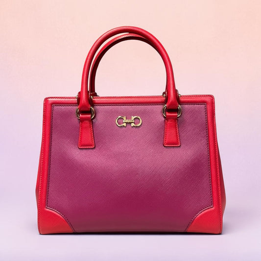 FERRAGAMO Gancini Top Handle Tote in Magenta & Red