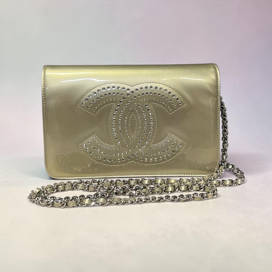 CHANEL Strass CC Patent Wallet On Chain WOC in Gold