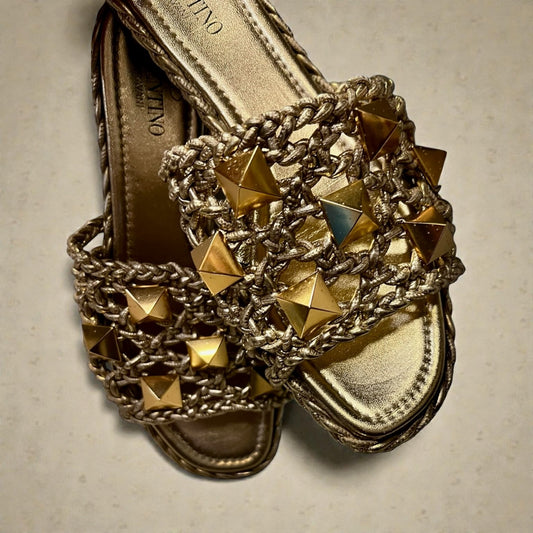 VALENTINO Woven Roman Stud Slide Sandals in Gold | 37