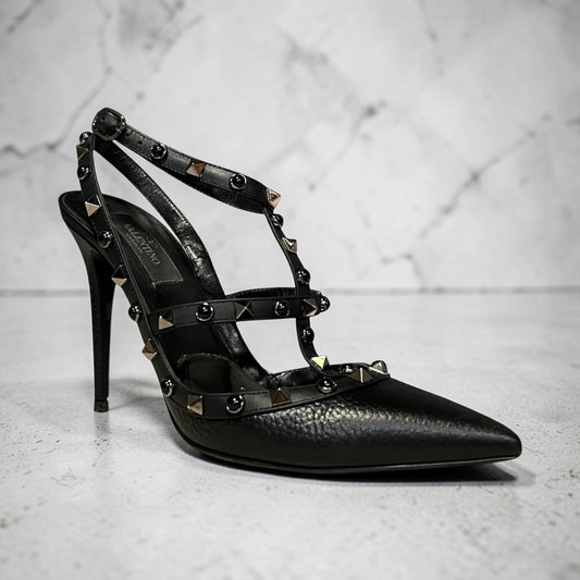 VALENTINO Rockstud Sandals in Black Grained Leather | 39