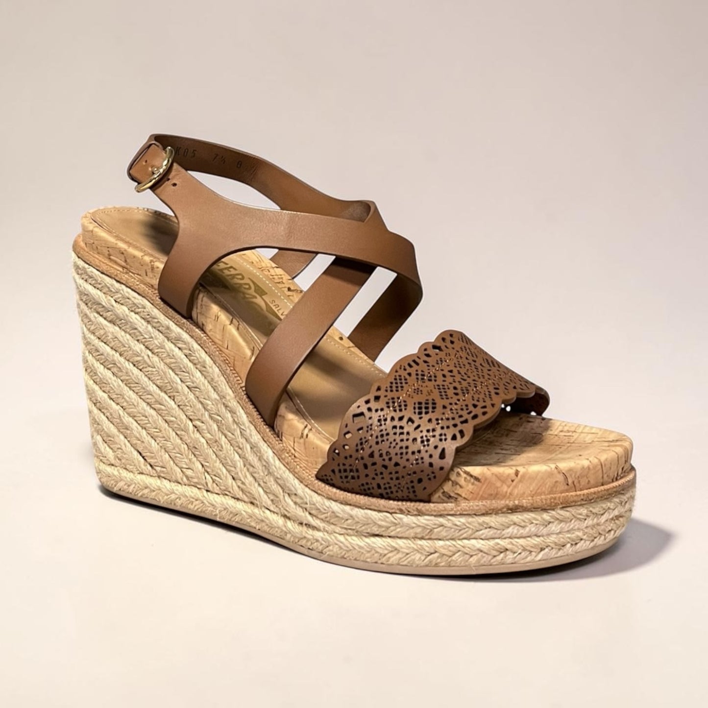 FERRAGAMO Lasercut Espadrille Wedge Sandal in Brown | 37.5