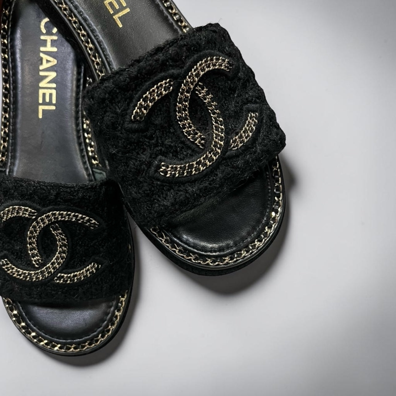 CHANEL CC Chain Alpaca Slide Sandals in Black |