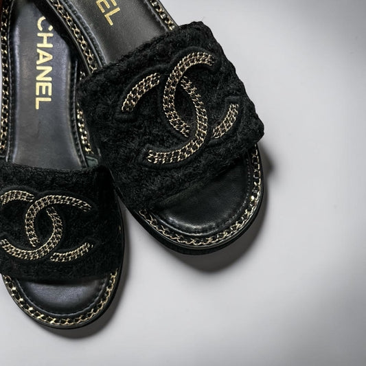 CHANEL CC Chain Alpaca Slide Sandals in Black |