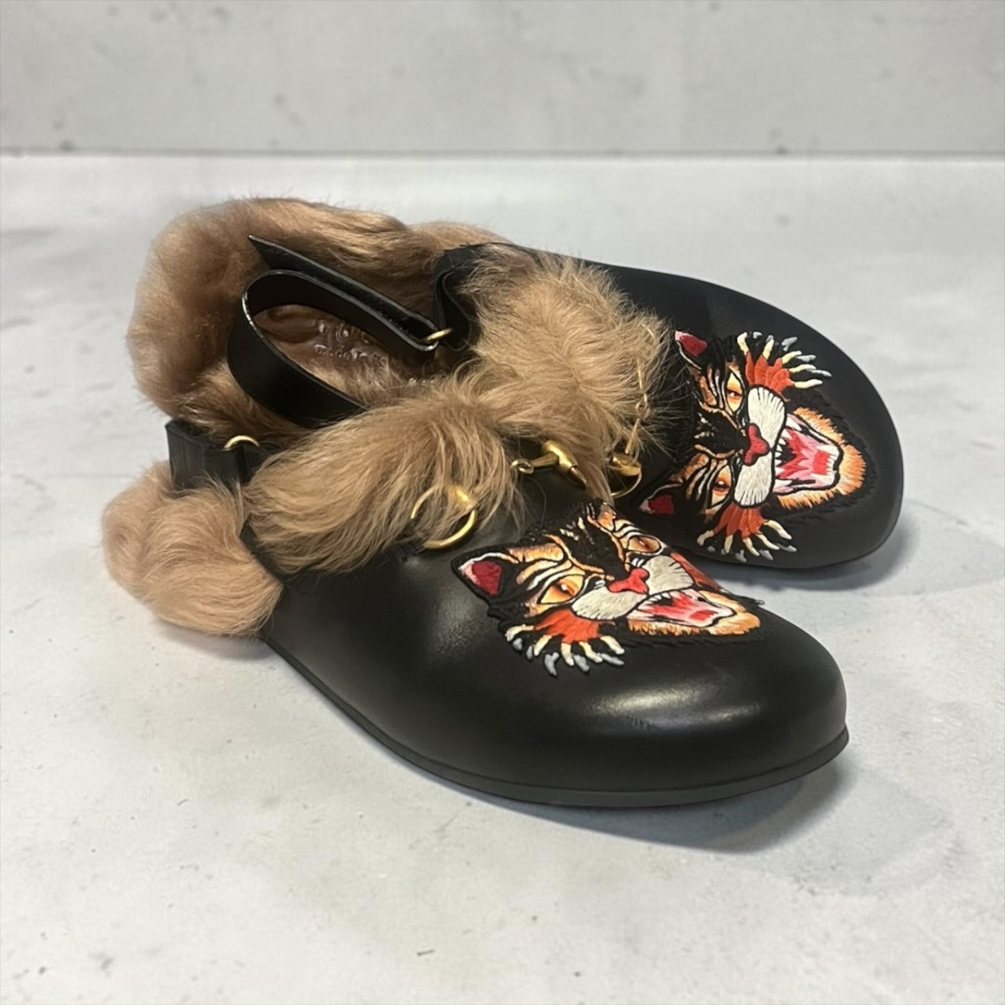 GUCCI Princetown Fur Angry Cat Slippers In Black and Brown | Mens 8; Womens 10