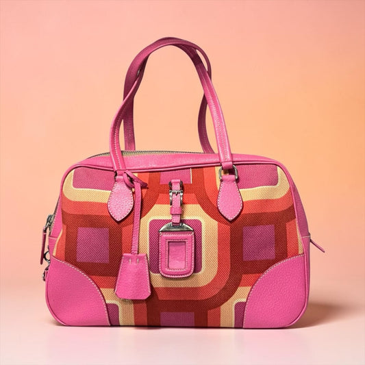 PRADA Canapa St. Soho Bowler Bag in Pink and Coral