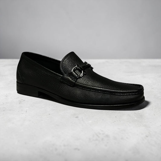 FERRAGAMO Gancini Moccasins in Black Grained Leather | Mens 10