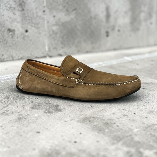 FERRAGAMO Gancini Driving Shoes in Taupe Suede | Mens 11