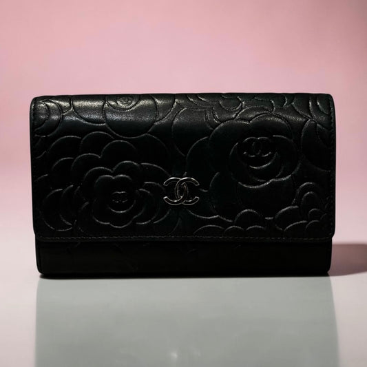 CHANEL Camellia Embossed Wallet in Black Lambskin