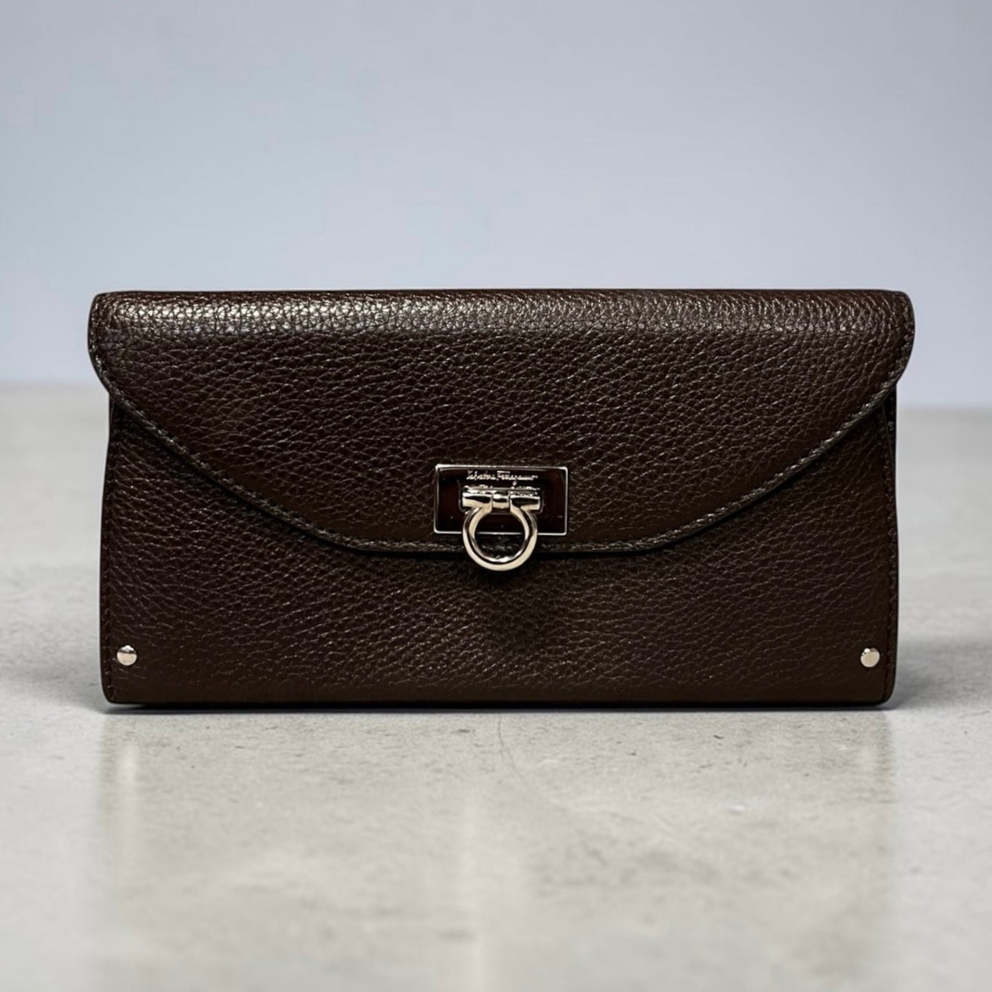 FERRAGAMO Gancini Continental Wallet in Dark Brown Grained Leather