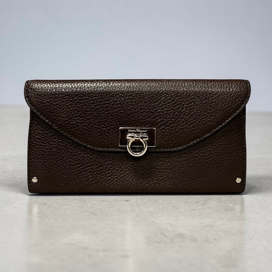 FERRAGAMO Gancini Continental Wallet in Dark Brown Grained Leather