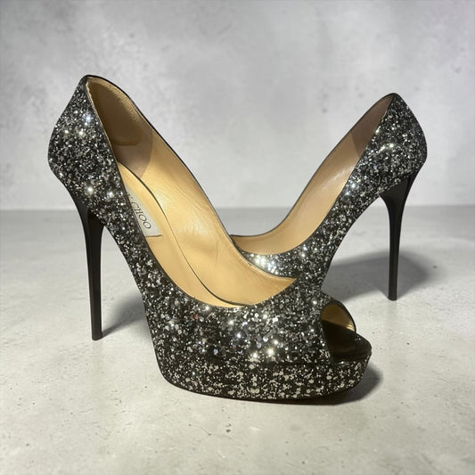 JIMMY CHOO Glitter Peeptoe Pumps | 39.5