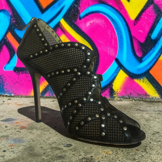 JIMMY CHOO Studded Peeptoe Booties in Black | 39.5
