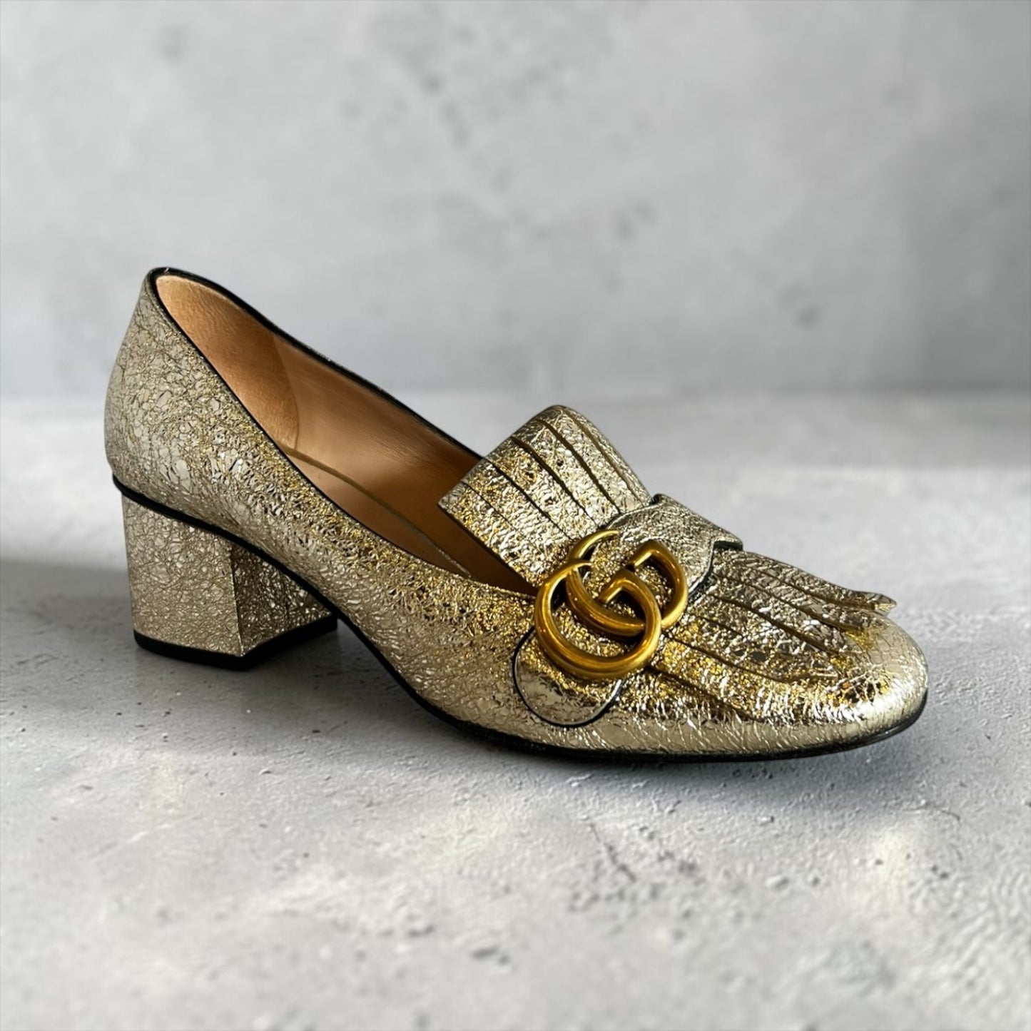 GUCCI GG Marmont Fringe Block Heels in Gold | 37.5