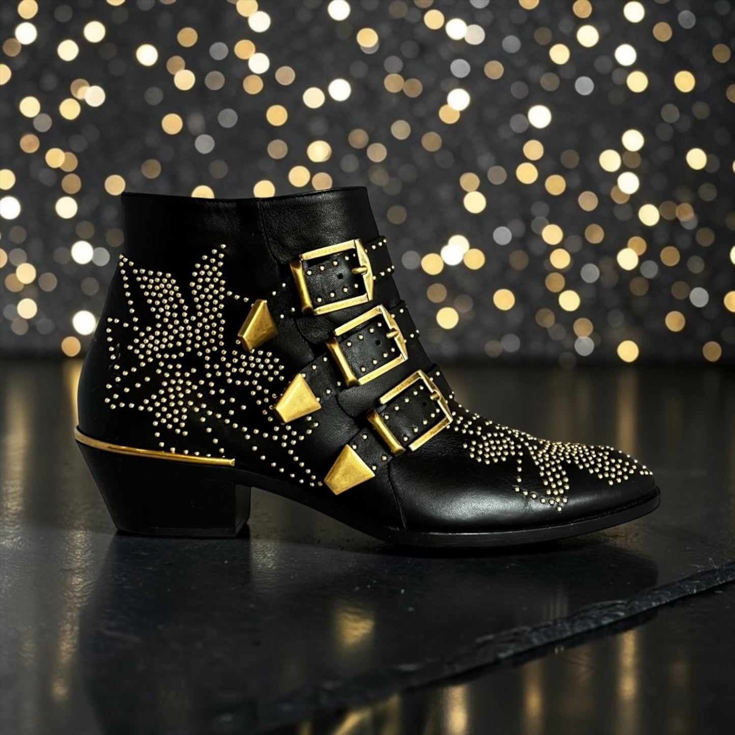 CHLOE Susanna Ankle Boot in Black & Gold | 37.5