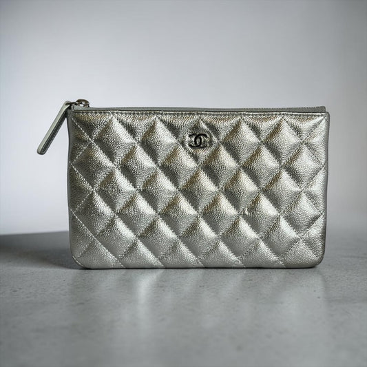 CHANEL Diamond Quilted O-Case Small in Silver