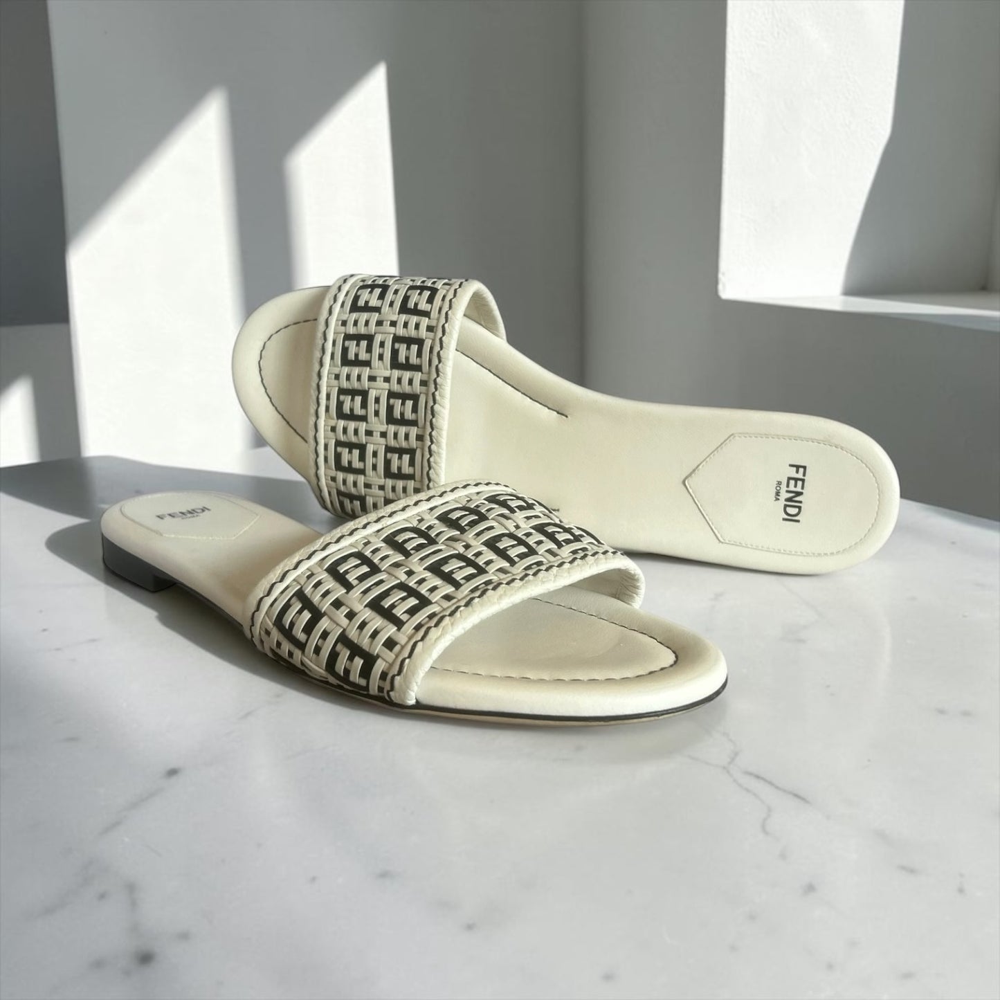 FENDI Woven Zucca Sandals in White Black | 40