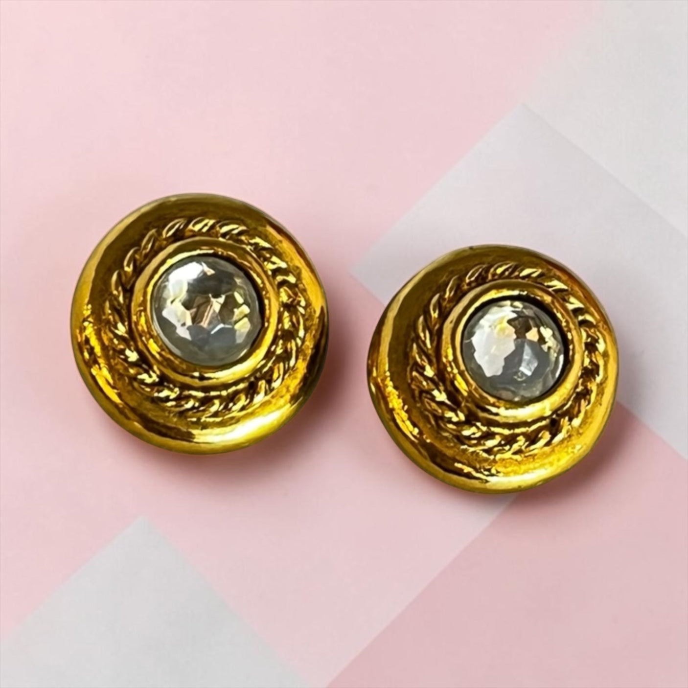 CHANEL Crystal Cookie Earrings Gold Tone Clip
