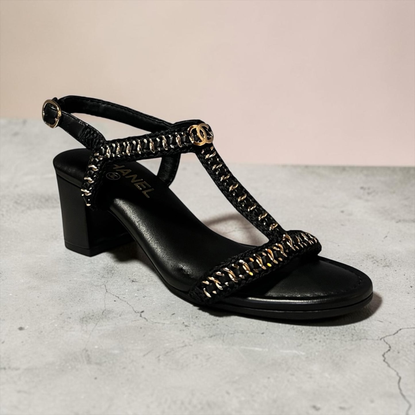 CHANEL Chain Around T Strap Sandal in Black & Gold | 38