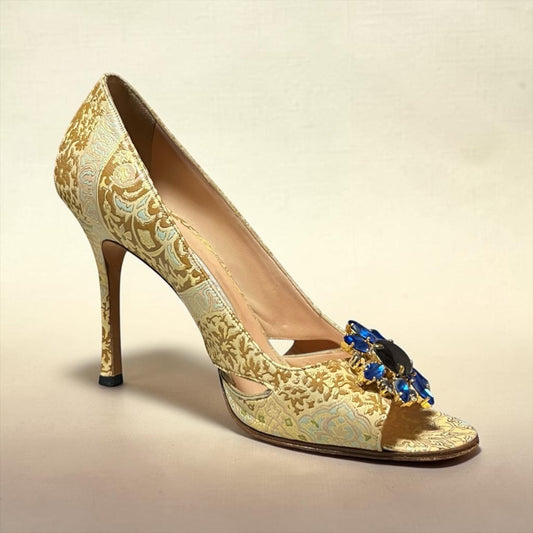 MANOLO BLAHNIK Crystal Embellished Damask Pumps in Gold | 37.5