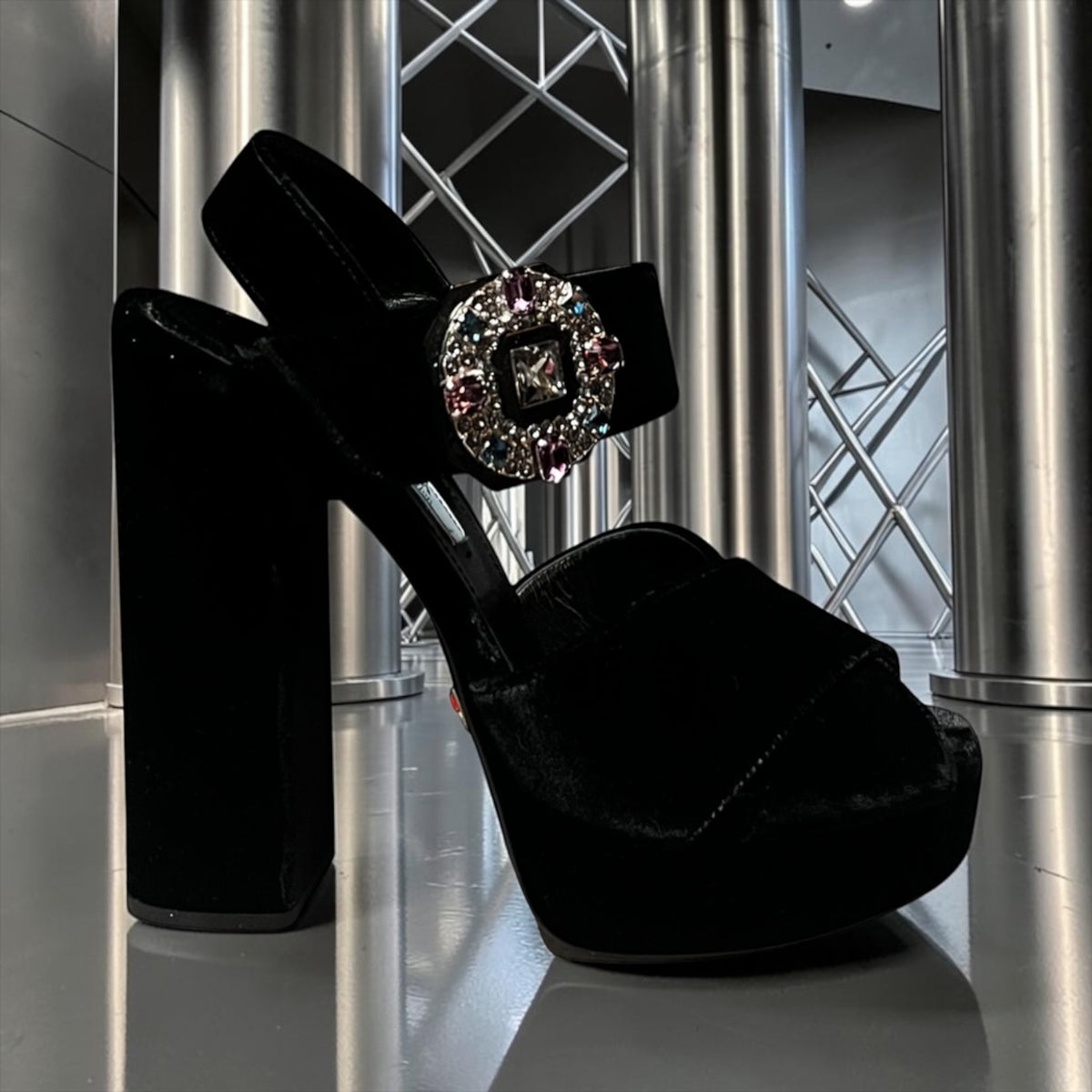 PRADA Jeweled Buckle Velvet Platform Sandals | 37