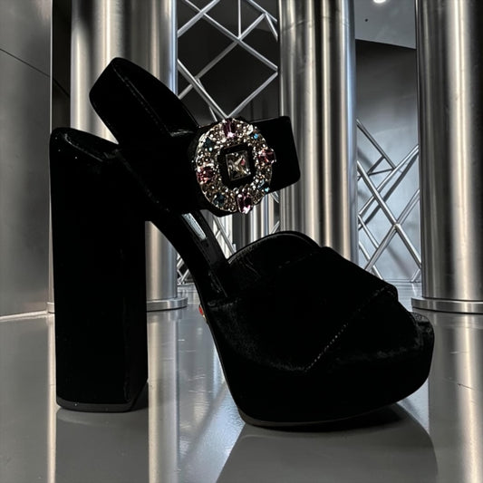 PRADA Jeweled Buckle Velvet Platform Sandals | 37
