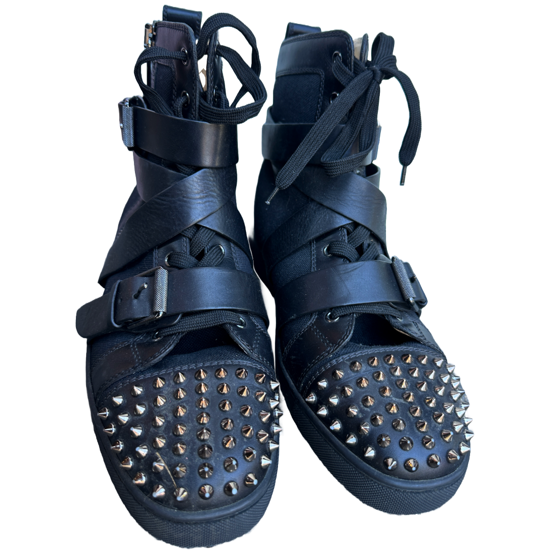 CHRISTIAN LOUBOUTIN Black Canvas and Leather Snap Shoot Spikes Sneakers | Size 43.5