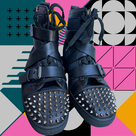 CHRISTIAN LOUBOUTIN Black Canvas and Leather Snap Shoot Spikes Sneakers | Size 43.5