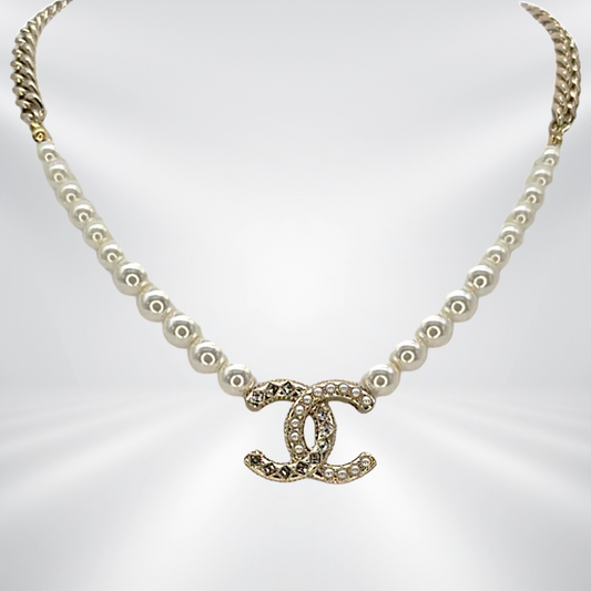 CHANEL Strass CC Drop Pearl Necklace
