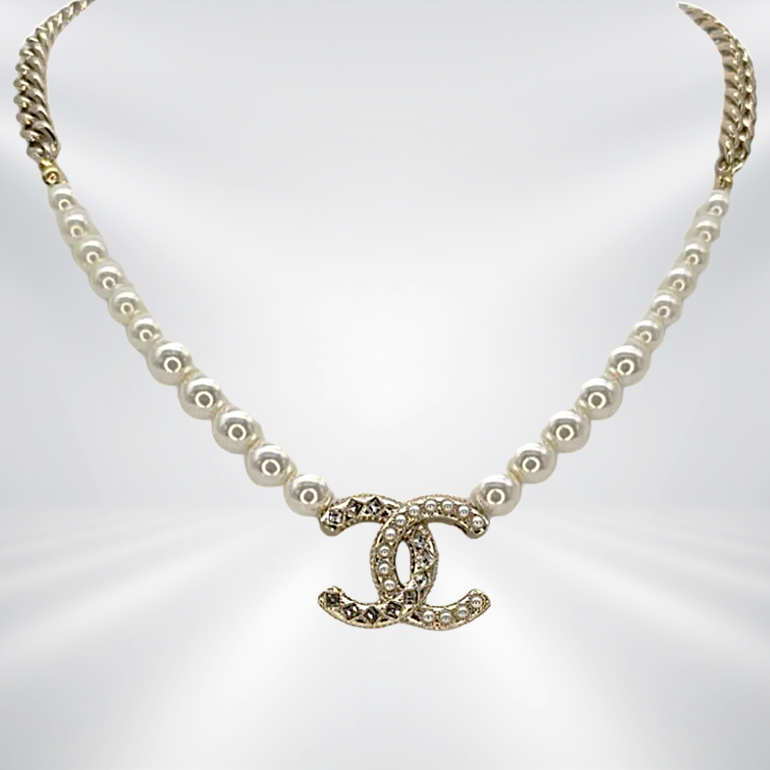 CHANEL Strass CC Drop Pearl Necklace